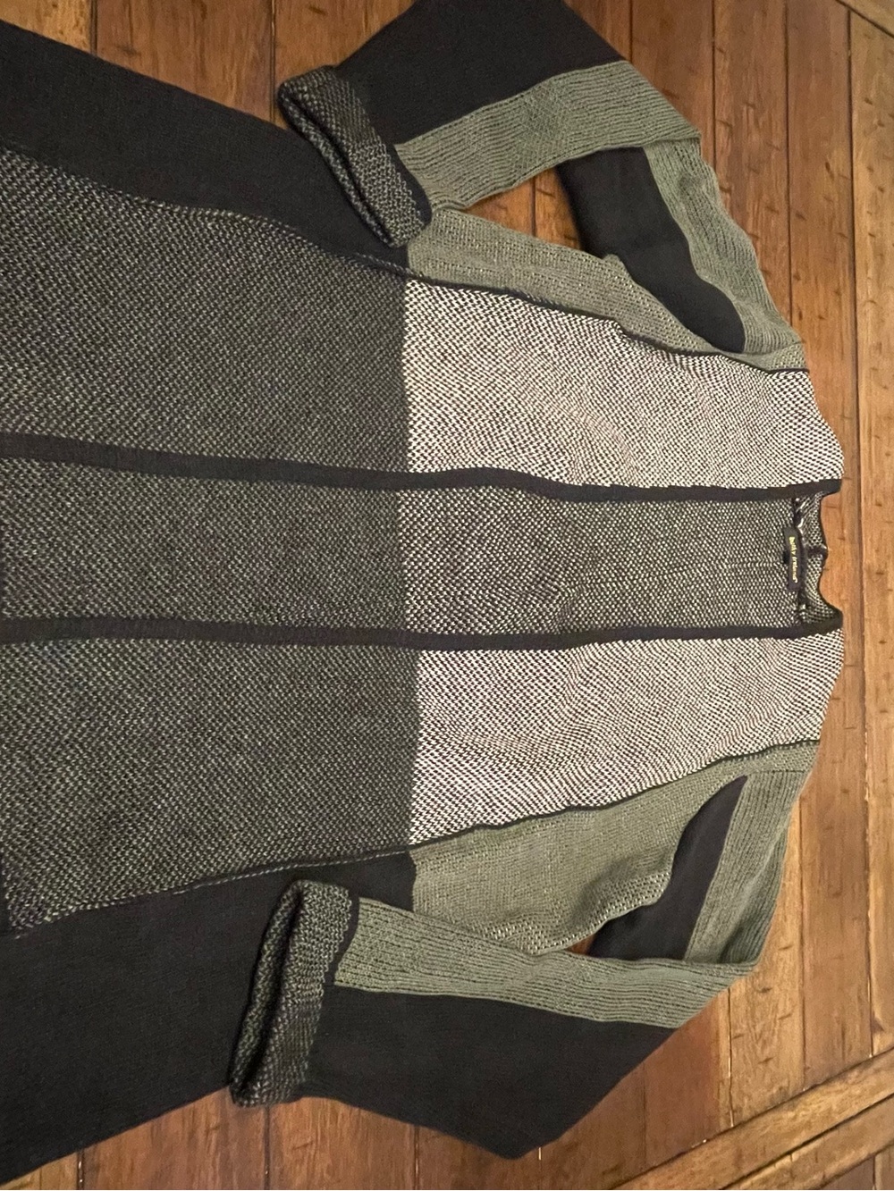 kathy ireland Olive Green, Black & Gray Block Knit Crewneck Sweater